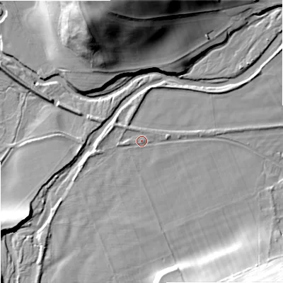 Shaded relief map of the ground around NE716XH, computed from Environment Agency LiDAR. The ground here sits at about 65 m above sea level and falls 43 m across the surrounding 800 m. Surface water reaching this point runs off ground lying to the south-west, 8.3 m higher.