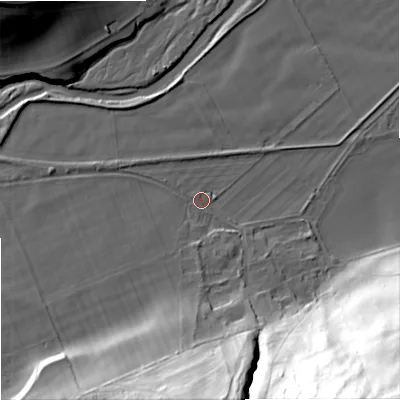 Shaded relief map of the ground around NE716XQ, computed from Environment Agency LiDAR. The ground here sits at about 60 m above sea level and falls 88 m across the surrounding 800 m. Surface water reaching this point runs off ground lying to the south, 38.1 m higher.