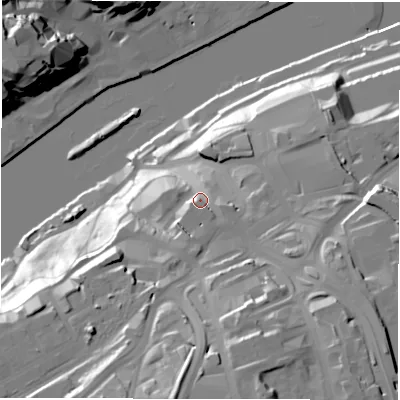 Shaded relief map of the ground around NE82AR, computed from Environment Agency LiDAR. The ground here sits at about 27 m above sea level and falls 53 m across the surrounding 800 m. Surface water reaching this point runs off ground lying to the south, 30.1 m higher.