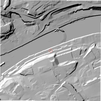 Shaded relief map of the ground around NE82BE, computed from Environment Agency LiDAR. The ground here sits at about 5 m above sea level and falls 38 m across the surrounding 800 m. Surface water reaching this point runs off ground lying to the south, 20.5 m higher.