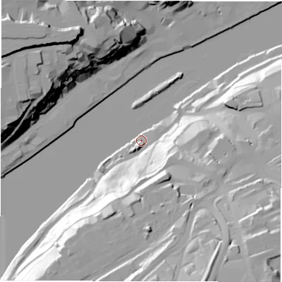 Shaded relief map of the ground around NE82BJ, computed from Environment Agency LiDAR. The ground here sits at about 5 m above sea level and falls 53 m across the surrounding 800 m. Surface water reaching this point runs off ground lying to the south, 42.3 m higher.