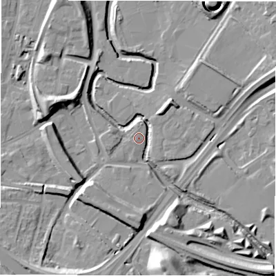 Shaded relief map of the ground around NE82EX, computed from Environment Agency LiDAR. The ground here sits at about 5 m above sea level and falls 25 m across the surrounding 800 m. Surface water reaching this point runs off ground lying to the south-south-west, 19.3 m higher.