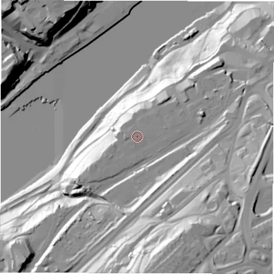 Shaded relief map of the ground around NE82EY, computed from Environment Agency LiDAR. The ground here sits at about 36 m above sea level and falls 77 m across the surrounding 800 m. Surface water reaching this point runs off ground lying to the west, 1.0 m higher.