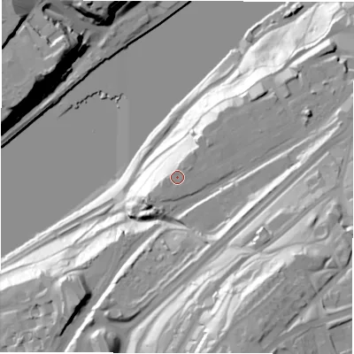 Shaded relief map of the ground around NE82FB, computed from Environment Agency LiDAR. The ground here sits at about 36 m above sea level and falls 78 m across the surrounding 800 m. The ground contributing surface water to this point lies to the south.