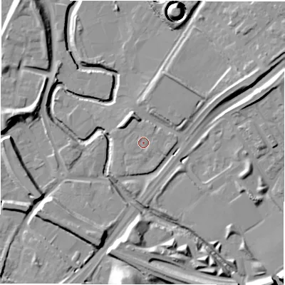 Shaded relief map of the ground around NE82HP, computed from Environment Agency LiDAR. The ground here sits at about 6 m above sea level and falls 22 m across the surrounding 800 m. Surface water reaching this point runs off ground lying to the south-south-east, 0.8 m higher.