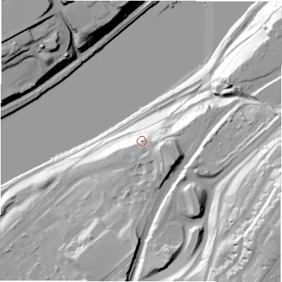 Shaded relief map of the ground around NE82NX, computed from Environment Agency LiDAR. The ground here sits at about 31 m above sea level and falls 75 m across the surrounding 800 m. Surface water reaching this point runs off ground lying to the south-east, 18.8 m higher.