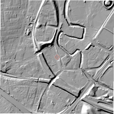Shaded relief map of the ground around NE82QU, computed from Environment Agency LiDAR. The ground here sits at about 4 m above sea level and falls 26 m across the surrounding 800 m. Surface water reaching this point runs off ground lying to the south-south-west, 16.7 m higher.