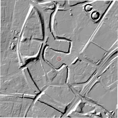 Shaded relief map of the ground around NE82RD, computed from Environment Agency LiDAR. The ground here sits at about 5 m above sea level and falls 22 m across the surrounding 800 m. Surface water reaching this point runs off ground lying to the east-south-east, 2.2 m higher.