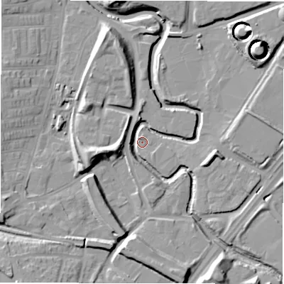 Shaded relief map of the ground around NE82RG, computed from Environment Agency LiDAR. The ground here sits at about 4 m above sea level and falls 23 m across the surrounding 800 m. Surface water reaching this point runs off ground lying to the south-west, 17.5 m higher.