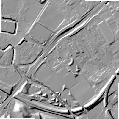 Shaded relief map of the ground around NE82TX, computed from Environment Agency LiDAR. The ground here sits at about 6 m above sea level and falls 20 m across the surrounding 800 m. Surface water reaching this point runs off ground lying to the east-north-east, 5.7 m higher.