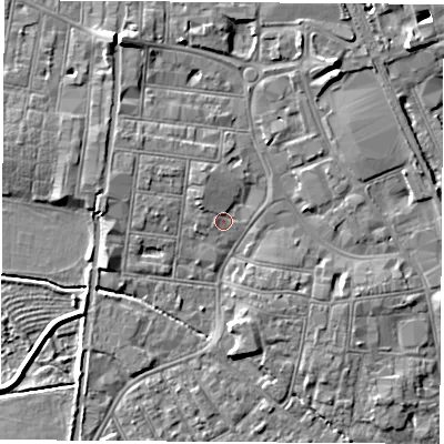 Shaded relief map of the ground around NG101AA, computed from Environment Agency LiDAR. The ground here sits at about 30 m above sea level and falls 8 m across the surrounding 800 m. Surface water reaching this point runs off ground lying to the north-west, 1.9 m higher.