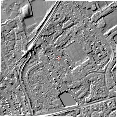 Shaded relief map of the ground around NG101AD, computed from Environment Agency LiDAR. The ground here sits at about 29 m above sea level and falls 5 m across the surrounding 800 m. Surface water reaching this point runs off ground lying to the north-west, 2.1 m higher.