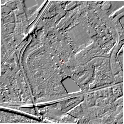 Shaded relief map of the ground around NG101AE, computed from Environment Agency LiDAR. The ground here sits at about 29 m above sea level and falls 7 m across the surrounding 800 m. Surface water reaching this point runs off ground lying to the west, 0.8 m higher.