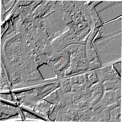 Shaded relief map of the ground around NG101AF, computed from Environment Agency LiDAR. The ground here sits at about 29 m above sea level and falls 7 m across the surrounding 800 m. Surface water reaching this point runs off ground lying to the west-south-west, 6.2 m higher.