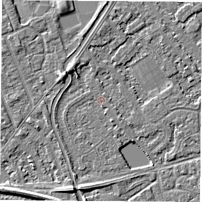 Shaded relief map of the ground around NG101AG, computed from Environment Agency LiDAR. The ground here sits at about 29 m above sea level and falls 7 m across the surrounding 800 m. Surface water reaching this point runs off ground lying to the south, 0.9 m higher.