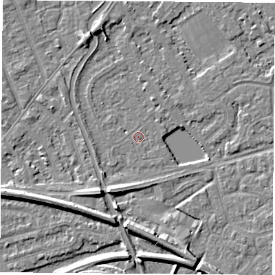 Shaded relief map of the ground around NG101AH, computed from Environment Agency LiDAR. The ground here sits at about 29 m above sea level and falls 7 m across the surrounding 800 m. Surface water reaching this point runs off ground lying to the north-north-east, 1.7 m higher.