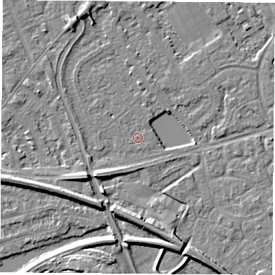 Shaded relief map of the ground around NG101AL, computed from Environment Agency LiDAR. The ground here sits at about 29 m above sea level and falls 8 m across the surrounding 800 m. Surface water reaching this point runs off ground lying to the north, 1.7 m higher.