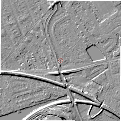 Shaded relief map of the ground around NG101AN, computed from Environment Agency LiDAR. The ground here sits at about 29 m above sea level and falls 8 m across the surrounding 800 m. Surface water reaching this point runs off ground lying to the south-south-west, 5.5 m higher.