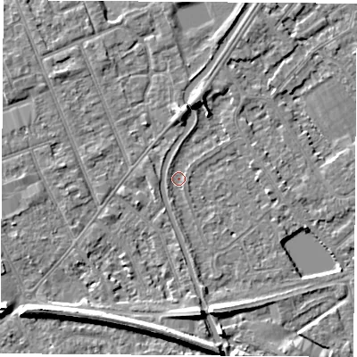 Shaded relief map of the ground around NG101AP, computed from Environment Agency LiDAR. The ground here sits at about 29 m above sea level and falls 8 m across the surrounding 800 m. Surface water reaching this point runs off ground lying to the north, 4.1 m higher.