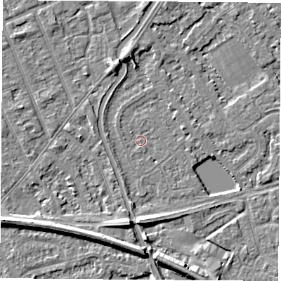 Shaded relief map of the ground around NG101AQ, computed from Environment Agency LiDAR. The ground here sits at about 29 m above sea level and falls 7 m across the surrounding 800 m. Surface water reaching this point runs off ground lying to the west-north-west, 1.2 m higher.