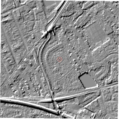 Shaded relief map of the ground around NG101AR, computed from Environment Agency LiDAR. The ground here sits at about 29 m above sea level and falls 7 m across the surrounding 800 m. Surface water reaching this point runs off ground lying to the west, 1.2 m higher.