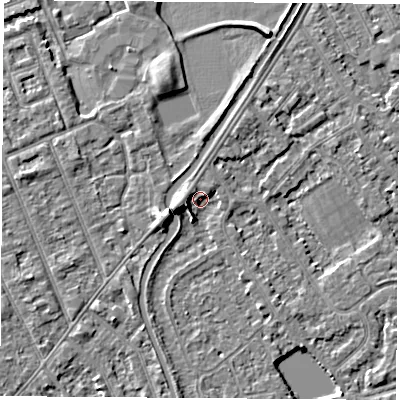 Shaded relief map of the ground around NG101AS, computed from Environment Agency LiDAR. The ground here sits at about 30 m above sea level and falls 5 m across the surrounding 800 m. Surface water reaching this point runs off ground lying to the west-south-west, 4.1 m higher.