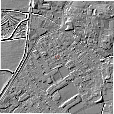 Shaded relief map of the ground around NG101AT, computed from Environment Agency LiDAR. The ground here sits at about 29 m above sea level and falls 5 m across the surrounding 800 m. Surface water reaching this point runs off ground lying to the east-north-east, 0.6 m higher.