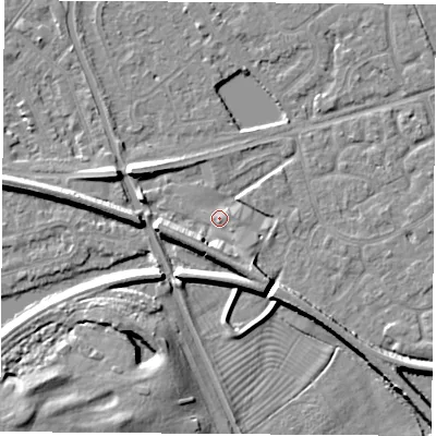 Shaded relief map of the ground around NG101AU, computed from Environment Agency LiDAR. The ground here sits at about 30 m above sea level and falls 8 m across the surrounding 800 m. Surface water reaching this point runs off ground lying to the south-west, 4.2 m higher.