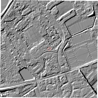 Shaded relief map of the ground around NG101AW, computed from Environment Agency LiDAR. The ground here sits at about 29 m above sea level and falls 6 m across the surrounding 800 m. Surface water reaching this point runs off ground lying to the west, 0.5 m higher.