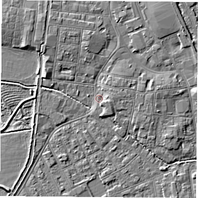 Shaded relief map of the ground around NG101AX, computed from Environment Agency LiDAR. The ground here sits at about 29 m above sea level and falls 5 m across the surrounding 800 m. Surface water reaching this point runs off ground lying to the north, 4.1 m higher.