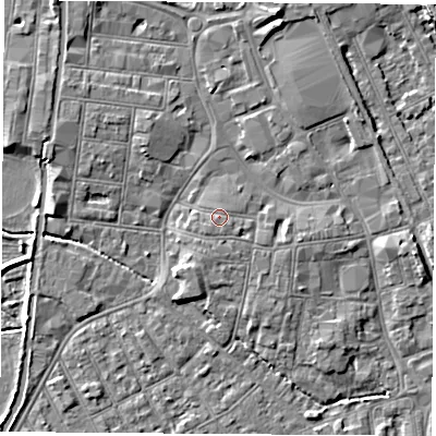 Shaded relief map of the ground around NG101AY, computed from Environment Agency LiDAR. The ground here sits at about 31 m above sea level and falls 8 m across the surrounding 800 m. Surface water reaching this point runs off ground lying to the west-south-west, 0.7 m higher.