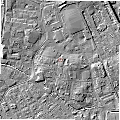 Shaded relief map of the ground around NG101AZ, computed from Environment Agency LiDAR. The ground here sits at about 30 m above sea level and falls 8 m across the surrounding 800 m. Surface water reaching this point runs off ground lying to the west, 1.6 m higher.