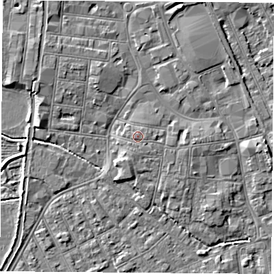 Shaded relief map of the ground around NG101BA, computed from Environment Agency LiDAR. The ground here sits at about 31 m above sea level and falls 7 m across the surrounding 800 m. Surface water reaching this point runs off ground lying to the east-north-east, 0.7 m higher.