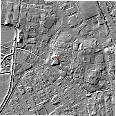 Shaded relief map of the ground around NG101BB, computed from Environment Agency LiDAR. The ground here sits at about 31 m above sea level and falls 5 m across the surrounding 800 m. Surface water reaching this point runs off ground lying to the north-west, 0.9 m higher.