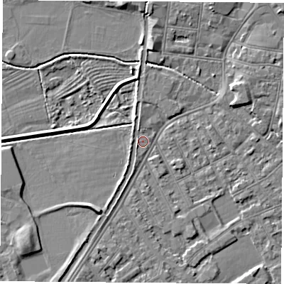 Shaded relief map of the ground around NG101BD, computed from Environment Agency LiDAR. The ground here sits at about 29 m above sea level and falls 5 m across the surrounding 800 m. Surface water reaching this point runs off ground lying to the south-south-west, 3.5 m higher.