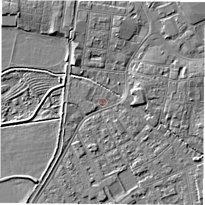Shaded relief map of the ground around NG101BE, computed from Environment Agency LiDAR. The ground here sits at about 29 m above sea level and falls 5 m across the surrounding 800 m. Surface water reaching this point runs off ground lying to the north-north-east, 4.1 m higher.