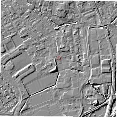 Shaded relief map of the ground around NG101BF, computed from Environment Agency LiDAR. The ground here sits at about 29 m above sea level and falls 8 m across the surrounding 800 m. Surface water reaching this point runs off ground lying to the south-south-west, 2.8 m higher.