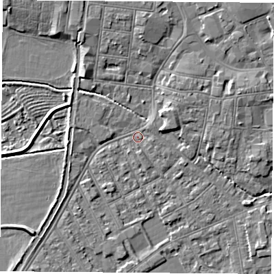 Shaded relief map of the ground around NG101BG, computed from Environment Agency LiDAR. The ground here sits at about 29 m above sea level and falls 5 m across the surrounding 800 m. Surface water reaching this point runs off ground lying to the north, 4.1 m higher.