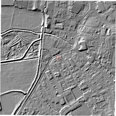 Shaded relief map of the ground around NG101BH, computed from Environment Agency LiDAR. The ground here sits at about 29 m above sea level and falls 5 m across the surrounding 800 m. Surface water reaching this point runs off ground lying to the north-north-east, 4.1 m higher.