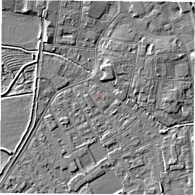 Shaded relief map of the ground around NG101BJ, computed from Environment Agency LiDAR. The ground here sits at about 29 m above sea level and falls 5 m across the surrounding 800 m. Surface water reaching this point runs off ground lying to the west, 0.9 m higher.