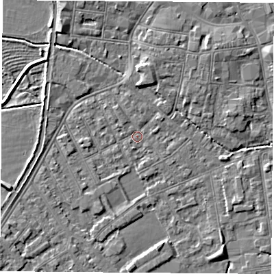 Shaded relief map of the ground around NG101BL, computed from Environment Agency LiDAR. The ground here sits at about 29 m above sea level and falls 5 m across the surrounding 800 m. Surface water reaching this point runs off ground lying to the north-north-west, 3.5 m higher.