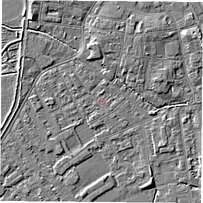 Shaded relief map of the ground around NG101BN, computed from Environment Agency LiDAR. The ground here sits at about 29 m above sea level and falls 5 m across the surrounding 800 m. Surface water reaching this point runs off ground lying to the south-south-west, 0.9 m higher.