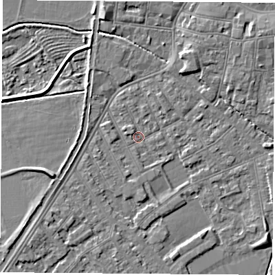 Shaded relief map of the ground around NG101BP, computed from Environment Agency LiDAR. The ground here sits at about 29 m above sea level and falls 5 m across the surrounding 800 m. Surface water reaching this point runs off ground lying to the north-west, 1.3 m higher.