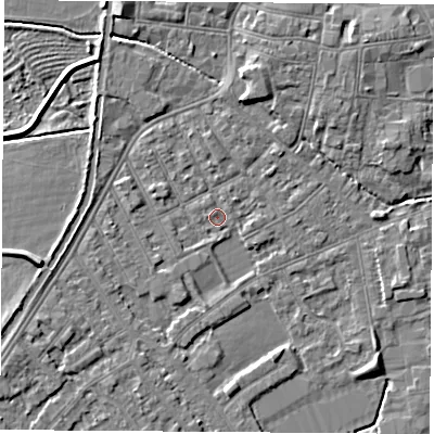 Shaded relief map of the ground around NG101BQ, computed from Environment Agency LiDAR. The ground here sits at about 29 m above sea level and falls 5 m across the surrounding 800 m. Surface water reaching this point runs off ground lying to the west-north-west, 1.5 m higher.