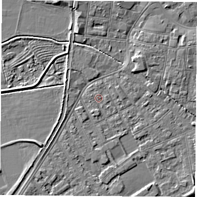 Shaded relief map of the ground around NG101BS, computed from Environment Agency LiDAR. The ground here sits at about 29 m above sea level and falls 5 m across the surrounding 800 m. Surface water reaching this point runs off ground lying to the west-north-west, 0.6 m higher.