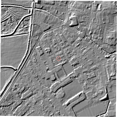 Shaded relief map of the ground around NG101BT, computed from Environment Agency LiDAR. The ground here sits at about 29 m above sea level and falls 5 m across the surrounding 800 m. Surface water reaching this point runs off ground lying to the north-west, 1.5 m higher.