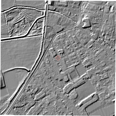 Shaded relief map of the ground around NG101BW, computed from Environment Agency LiDAR. The ground here sits at about 29 m above sea level and falls 5 m across the surrounding 800 m. Surface water reaching this point runs off ground lying to the north-west, 1.2 m higher.