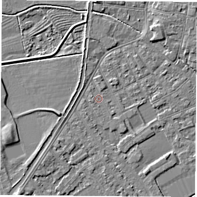 Shaded relief map of the ground around NG101BX, computed from Environment Agency LiDAR. The ground here sits at about 29 m above sea level and falls 5 m across the surrounding 800 m. Surface water reaching this point runs off ground lying to the north-north-east, 0.8 m higher.