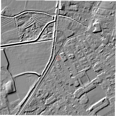 Shaded relief map of the ground around NG101BY, computed from Environment Agency LiDAR. The ground here sits at about 29 m above sea level and falls 5 m across the surrounding 800 m. Surface water reaching this point runs off ground lying to the north-east, 1.1 m higher.