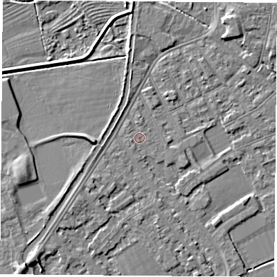 Shaded relief map of the ground around NG101BZ, computed from Environment Agency LiDAR. The ground here sits at about 29 m above sea level and falls 6 m across the surrounding 800 m. Surface water reaching this point runs off ground lying to the west-south-west, 0.9 m higher.